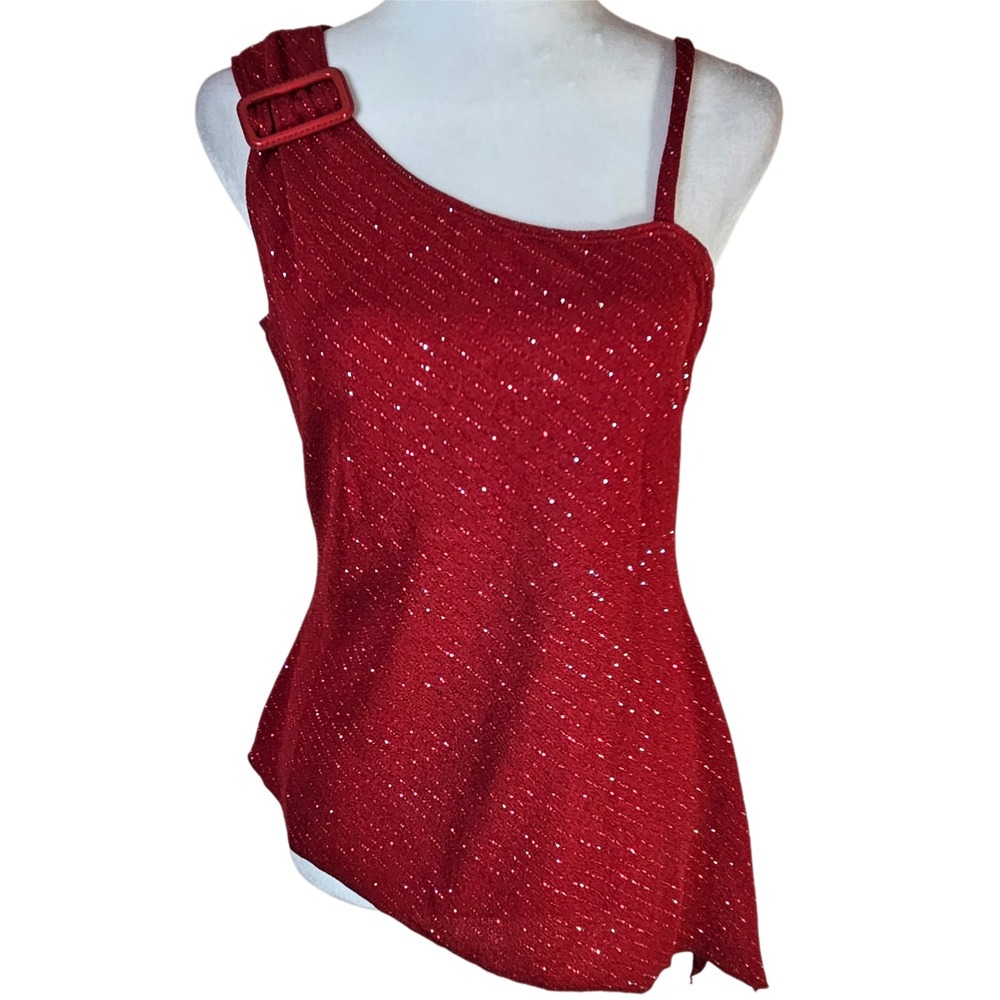 Sfuzi One Shoulder Tank Top Women's Medium Red Glitter Asymmetrical Y2K Baddie